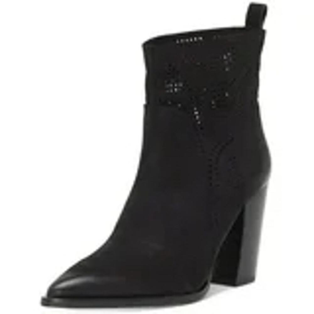 Black Vince Camuto Suede Catheryna Western Laser Cut Block Heel Ankle Booties 8